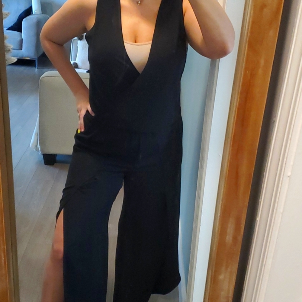 DREW Anthropologie Black Pant Jumpsuit with wide leg and slits